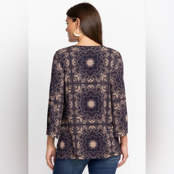 Johnny Was Runa button front henley tee XXS navy cream jersey knit celestial NWT - Picture 5 of 12